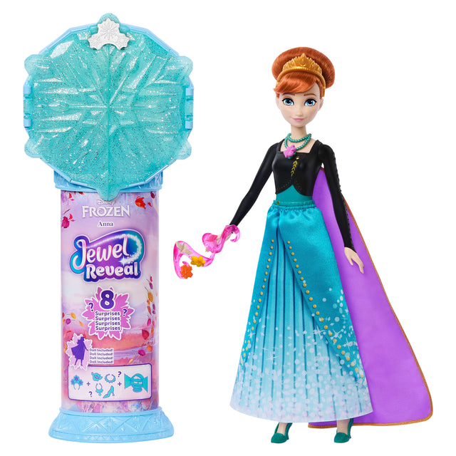 Poupée Jewel Reveal Anna, La Reine des Neiges, accessoires avec 8 surprises, 1 boîte a bijoux en forme de flocon de neige, 1 bague p