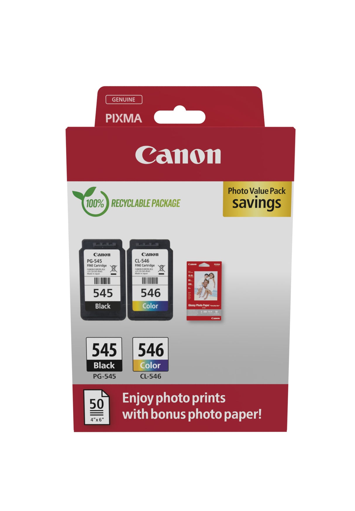 Pack de 2 cartouches d'encre + pack papiers photo - CANON - PG-545 Noir + CL-546 Couleur
