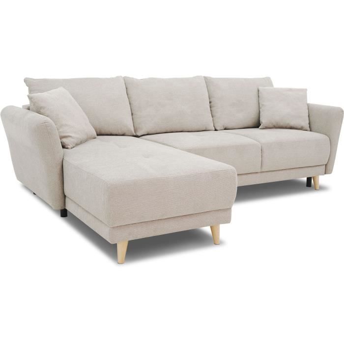 CanapÈ d'angle convertible rÈversible 3-4 places CLAUDIUS - Tissu Beige - Coffre de rangement - L 244 x P 158 x H 95 cm