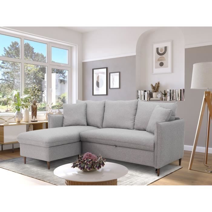 CanapÈ d'angle convertible rÈversible 4 places GERAUD - Tissu Gris - Coffre de rangement - L 210 x P 147 x H 90 cm