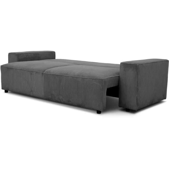 CanapÈ convertible 3 places JOSH - Velours cÙtelÈ Anthracite - Coffre de rangement - L 197 x P 117 x H 65 cm