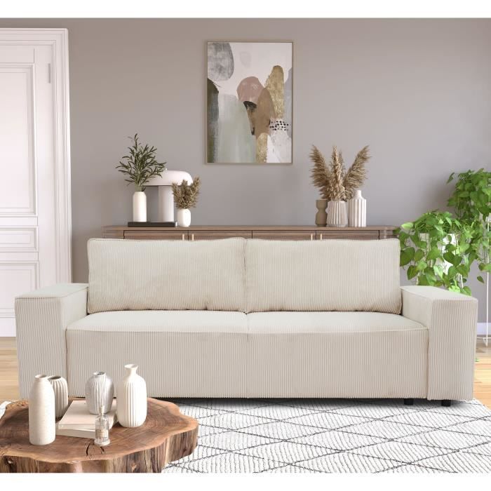 CanapÈ droit convertible 3 places JOSH - velours cÙtelÈ beige - Coffre de rangement - L239xP86xH85cm