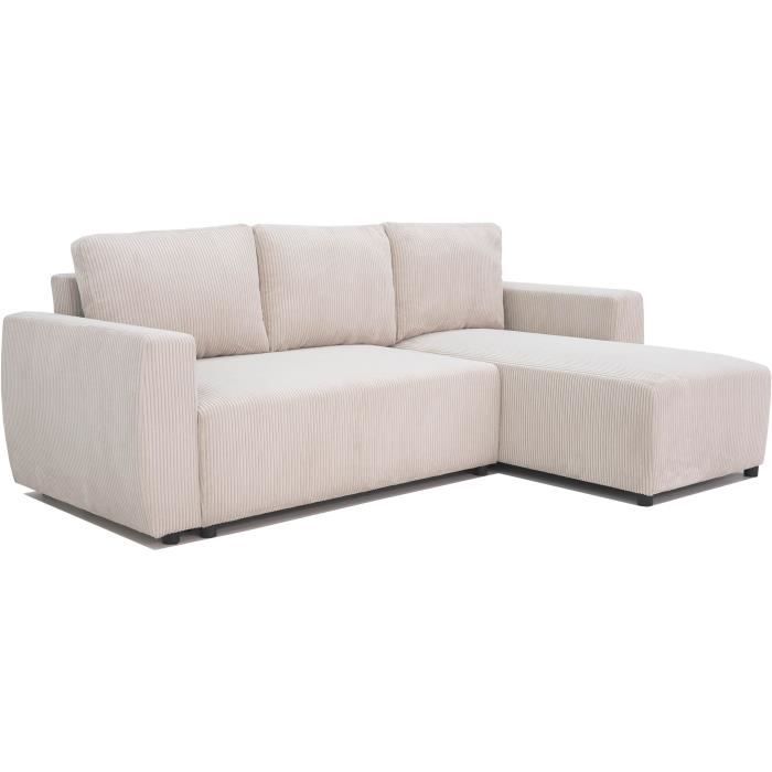 CanapÈ d'angle convertible rÈversible 3-4 places PHARELL - Velours cÙtelÈ beige - Coffre de rangement - L 230x P 155 x H 95 cm