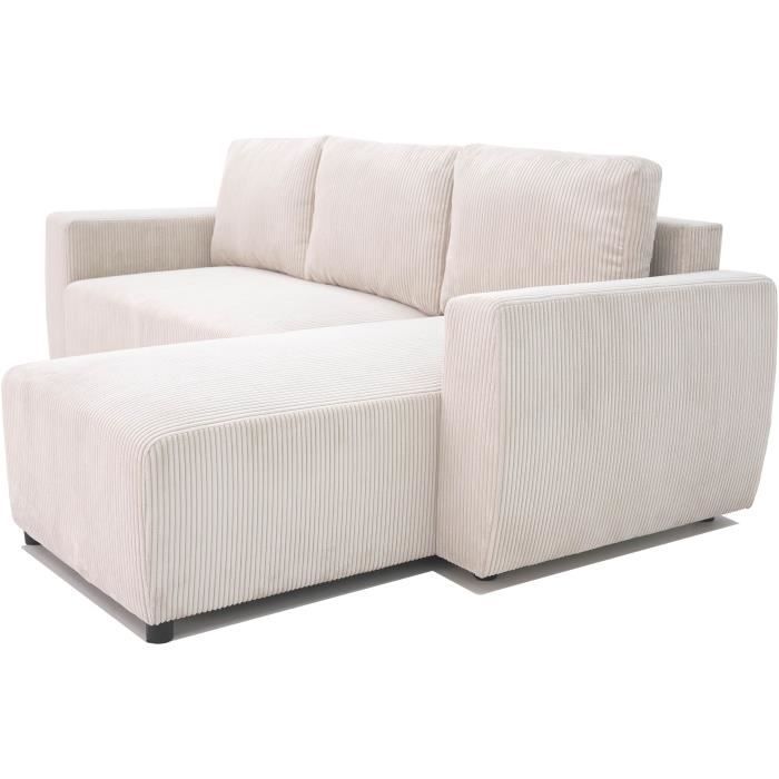 CanapÈ d'angle convertible rÈversible 3-4 places PHARELL - Velours cÙtelÈ beige - Coffre de rangement - L 230x P 155 x H 95 cm