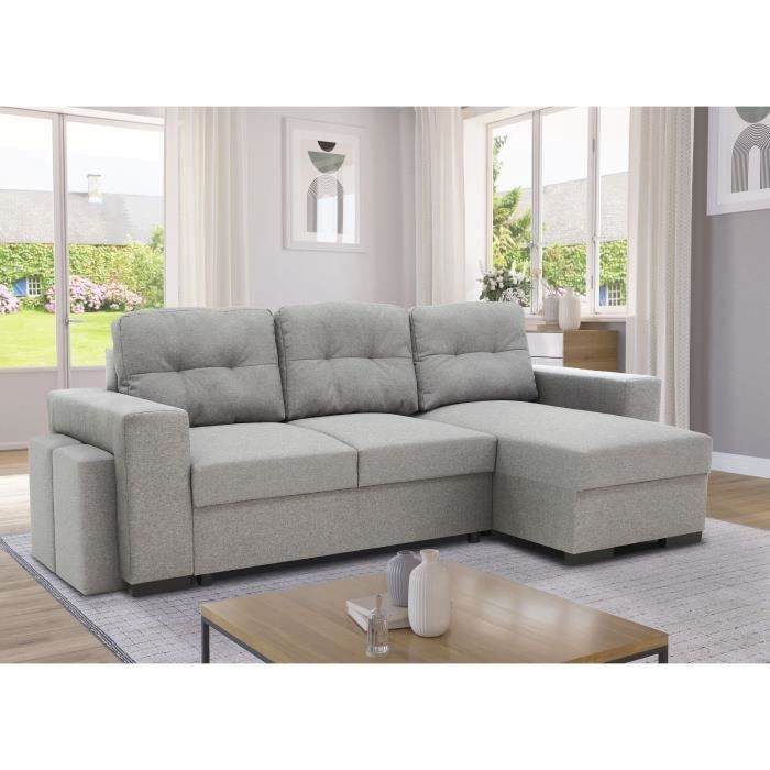 CanapÈ d'angle convertible rÈversible 3 places  JAMES -  L 245 x H 91 x P 139 cm - Coffre et 2 poufs Gris