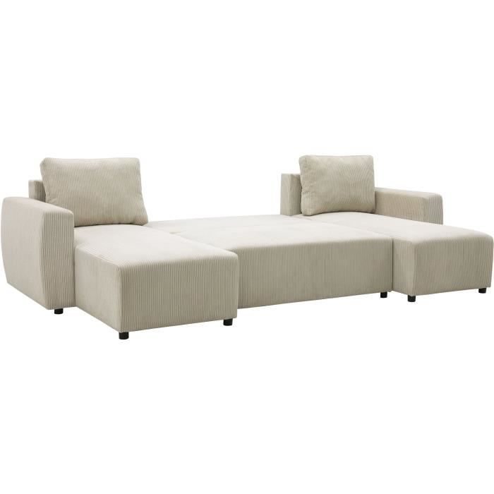 Canapé convertible panoramique PHARELL 7 places - Velours côtelé beige - Coffre de rangement - L297 x P155 x H85