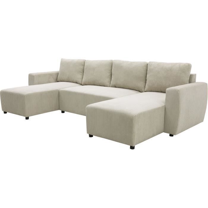 Canapé convertible panoramique PHARELL 7 places - Velours côtelé beige - Coffre de rangement - L297 x P155 x H85