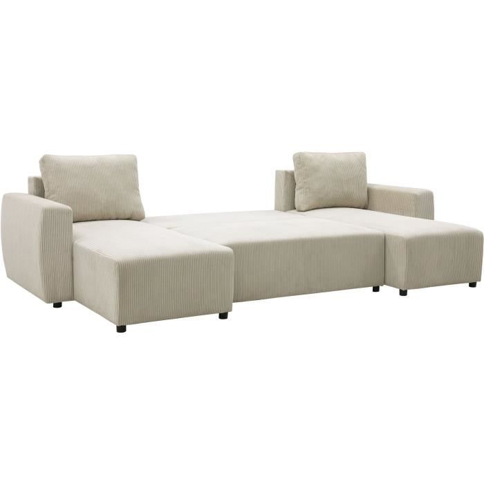 CanapÈ d'angle convertible panoramique PHARELL 7 places - Velours cÙtelÈ beige - Coffre de rangement - L297 x P155 x H85