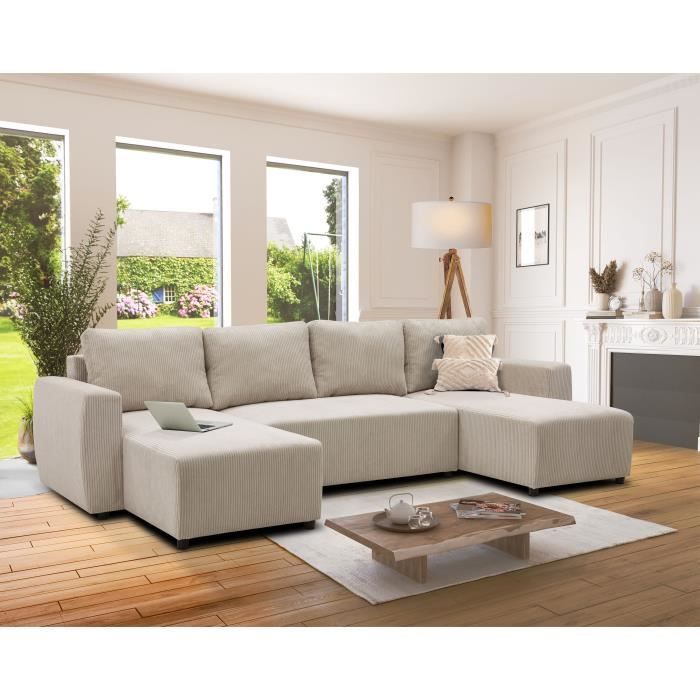 Canapé convertible panoramique PHARELL 7 places - Velours côtelé beige - Coffre de rangement - L297 x P155 x H85