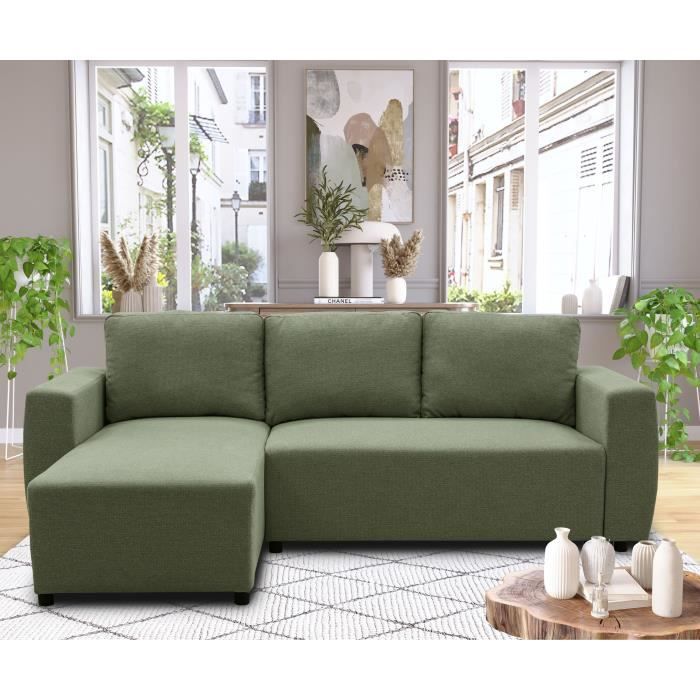 CanapÈ d'angle convertible rÈversible 3 a 4 places - PHARELL - Tissu olive - Coffre de rangement - L 224 x P 155 x H 85 cm