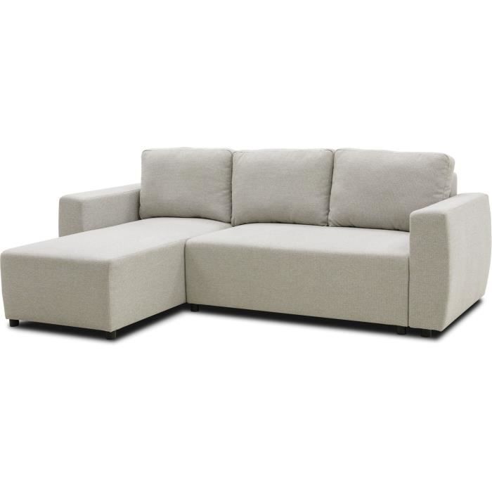 Canapé d'angle convertible réversible 3 a 4 places - PHARELL - Tissu beige - Coffre de rangement - L 224 x P 155 x H 85 cm