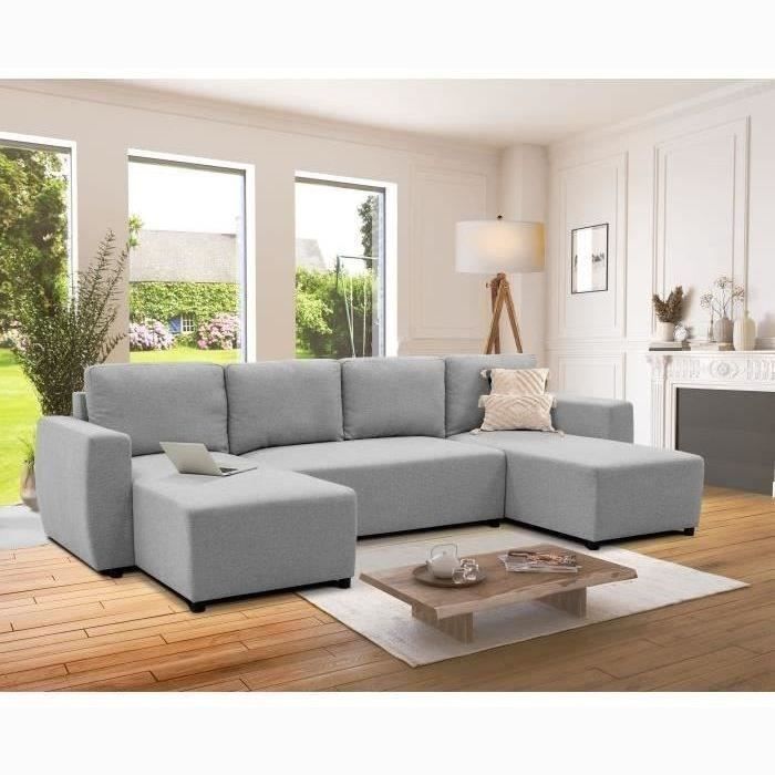 Canapé d'angle convertible panoramique PHARELL 5/6 places - Tissu souris - Coffre de rangement - L297 x P155 x H85 cm