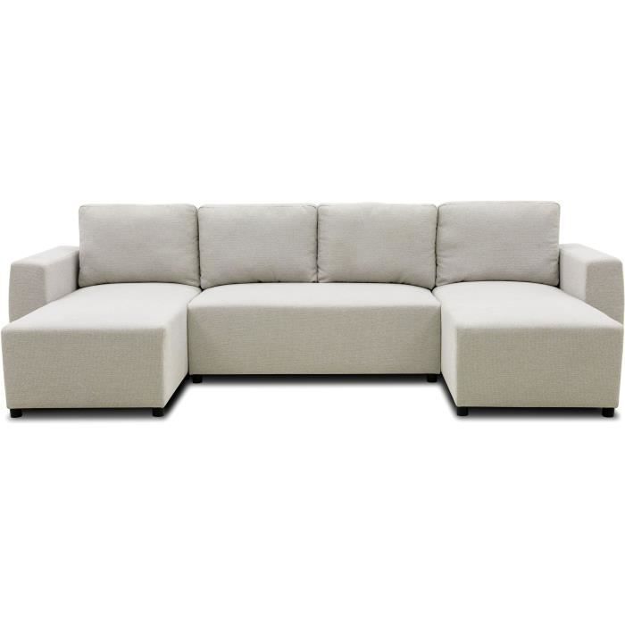 Canapé d'angle convertible panoramique PHARELL 5/6 places - Tissu beige - Coffre de rangement - L297 x P155 x H85 cm