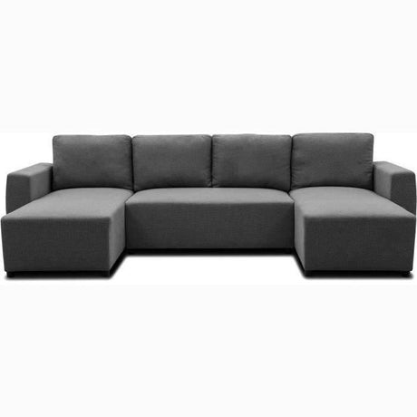 Canapé d'angle convertible panoramique PHARELL 5/6 places - Tissu anthracite - Coffre de rangement - L297 x P155 x H85 cm