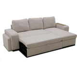 Canapé d'angle convertible réversible VALDO 3 a 4 places - Tissu Beige - Tablette avec USB - Coffre + Pouf - L247xP143xH86 cm