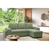Canapé d'angle convertible réversible VALDO 3 a 4 places - Tissu Neve Sauge - Tablette avec USB - Coffre + Pouf - L247xP143xH86 cm