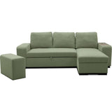 Canapé d'angle convertible réversible VALDO 3 a 4 places - Tissu Neve Sauge - Tablette avec USB - Coffre + Pouf - L247xP143xH86 cm