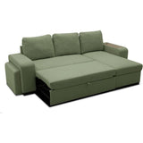 Canapé d'angle convertible réversible VALDO 3 a 4 places - Tissu Neve Sauge - Tablette avec USB - Coffre + Pouf - L247xP143xH86 cm
