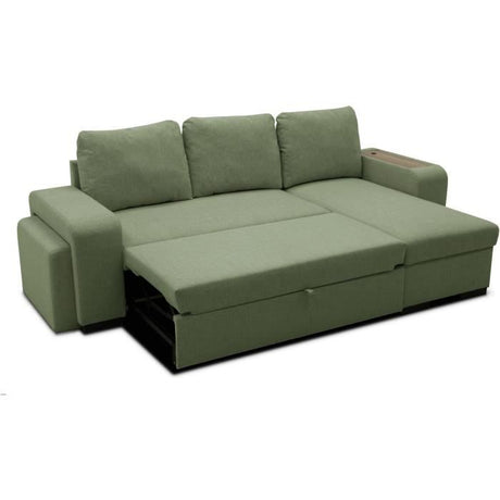 Canapé d'angle convertible réversible VALDO 3 a 4 places - Tissu Neve Sauge - Tablette avec USB - Coffre + Pouf - L247xP143xH86 cm