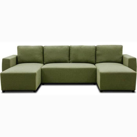 Canapé d'angle convertible panoramique PHARELL 5/6 places - Tissu olive - Coffre de rangement - L297 x P155 x H85 cm