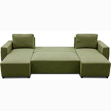 Canapé d'angle convertible panoramique PHARELL 5/6 places - Tissu olive - Coffre de rangement - L297 x P155 x H85 cm