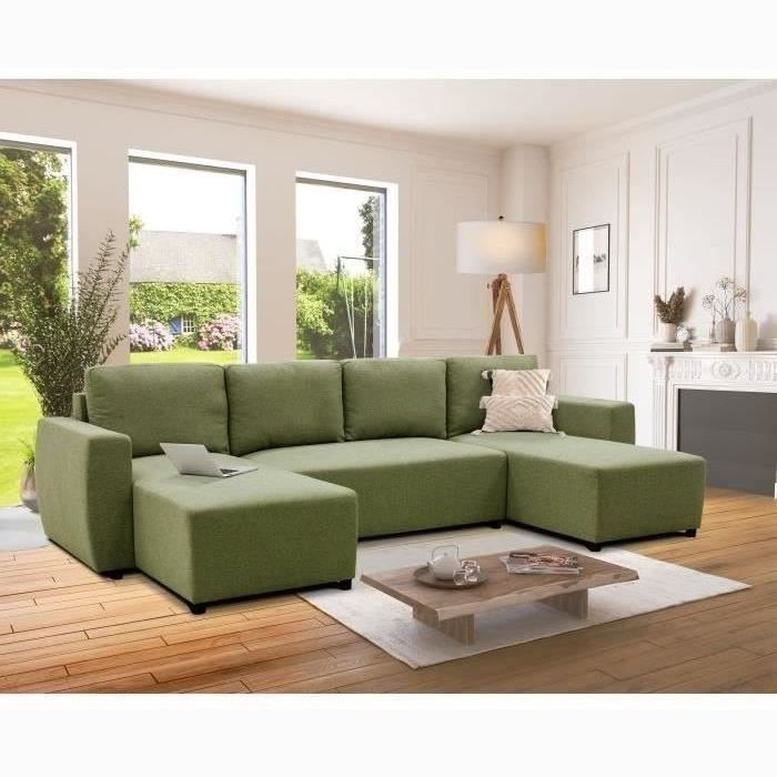 CanapÈ d'angle convertible panoramique PHARELL 5/6 places - Tissu olive - Coffre de rangement - L297 x P155 x H85 cm