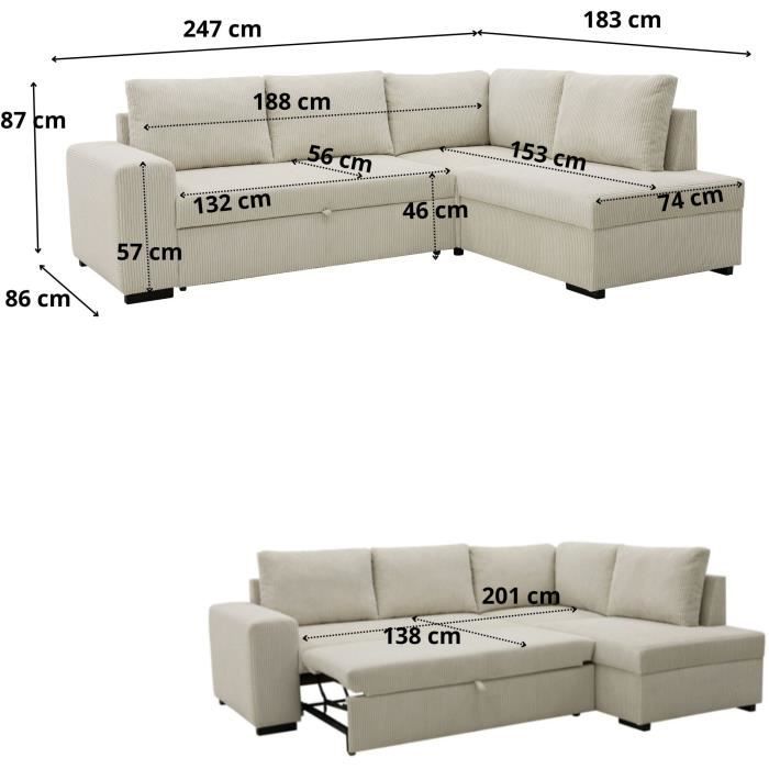 Canapé d'angle convertible réversible NIRVANA 4 a 5 places - Tissu velours côtelé perle - Coffre de rangement - L247 x P 183 x H 87