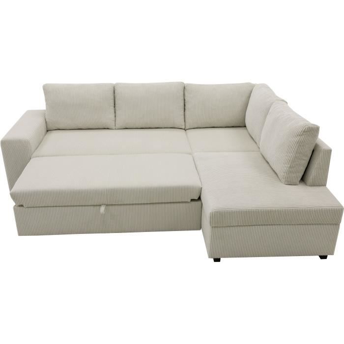 Canapé d'angle convertible réversible NIRVANA 4 a 5 places - Tissu velours côtelé perle - Coffre de rangement - L247 x P 183 x H 87