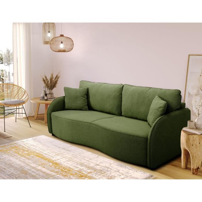 CanapÈ convertible BARI 3 places - Tissu olive - Coffre de rangement - L215 x H89 x P100 cm