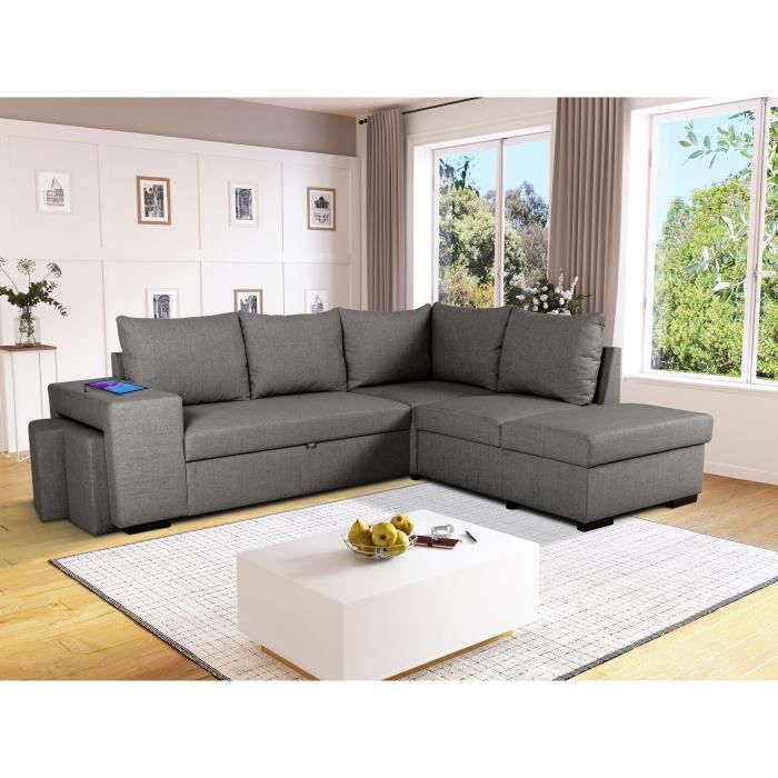 Canapé d'angle convertible réversible 4 places MITCHELL - Tissu Anthracite - L 247 x P 91 x H 205 cm - Coffre de rangement