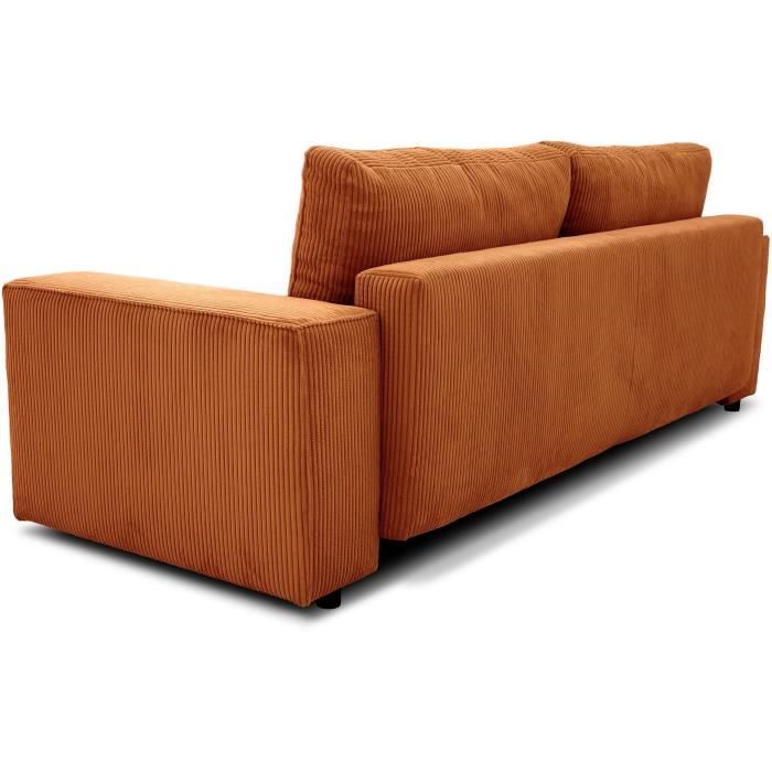 CanapÈ convertible 3 places JOSH - Tissu velours cotelÈ terracotta - L 239 x P 86 x H 85 cm - Coffre de rangement