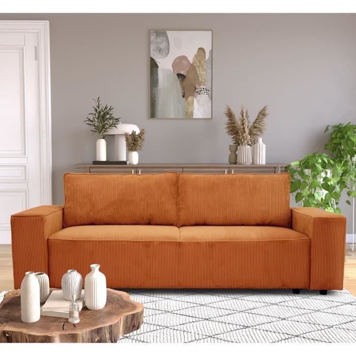 Canapé convertible 3 places JOSH - Tissu velours cotelé terracotta - L 239 x P 86 x H 85 cm - Coffre de rangement