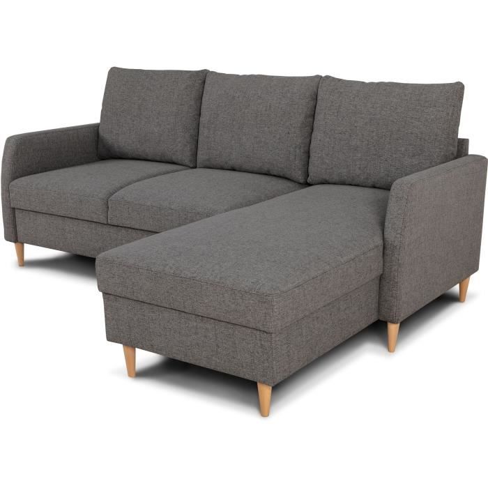 Canapé d'angle fixe 3 places CHIPY - Tissu anthracite - Réversible - L 192 x P 137 x H 82 cm - Pieds noir