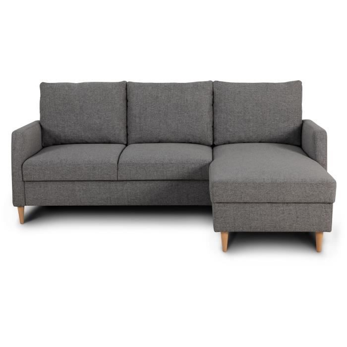 Canapé d'angle fixe 3 places CHIPY - Tissu anthracite - Réversible - L 192 x P 137 x H 82 cm - Pieds noir