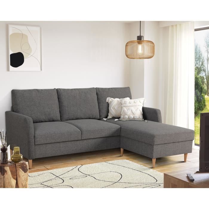 Canapé d'angle fixe 3 places CHIPY - Tissu anthracite - Réversible - L 192 x P 137 x H 82 cm - Pieds noir