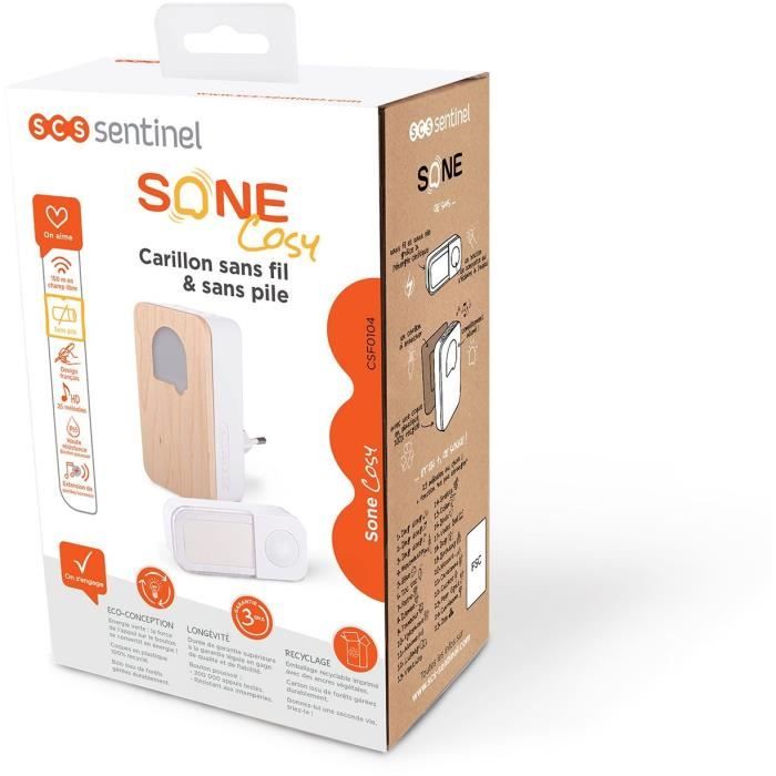 Scs sentinel - CSF0104 - Carillon SONE Cosy - Bois - Sans fil sans pile - 150m en champ libre - 25 melodies - IP65