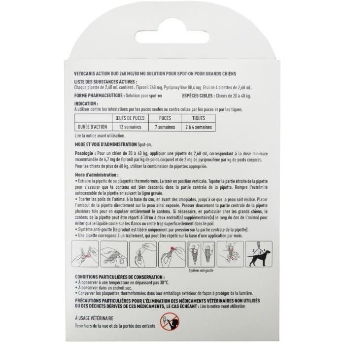 Pipettes - VETOCANIS - x4 Pipettes Anti-puces et tiques Duo 268mg/80mg pour Grands Chiens