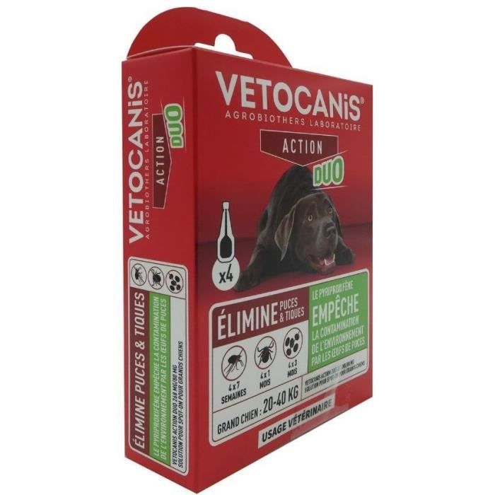 Pipettes - VETOCANIS - x4 Pipettes Anti-puces et tiques Duo 268mg/80mg pour Grands Chiens