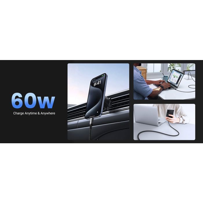 Câble USB-C - UGREEN - Câble data 1 m - 60W - Nylon - PD - Noir