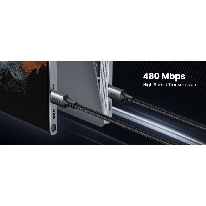 Câble USB-C - UGREEN - Câble data 1 m - 60W - Nylon - PD - Noir