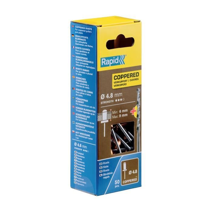 Rivets cuivre Ř4,8 x 12mm - RAPID - Rivets aveugles pour placo et paroies creuses - Boîte 50 + 1 Foret - (5001467)
