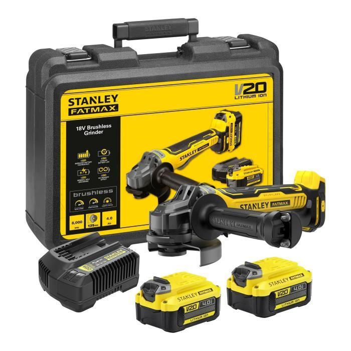 Meuleuse d'angle sans fil - 18V - STANLEY FATMAX - Brushless - SFMCG700M2K-QW - 125 mm + 2 batteries 4Ah + chargeur 2A