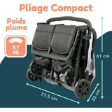 Bambisol - DS209 GRIS NOIR - Poussette Double Cote a Cote | Pour Jumeaux des la Naissance, Pliage Ultra-Compact | Noir Gris