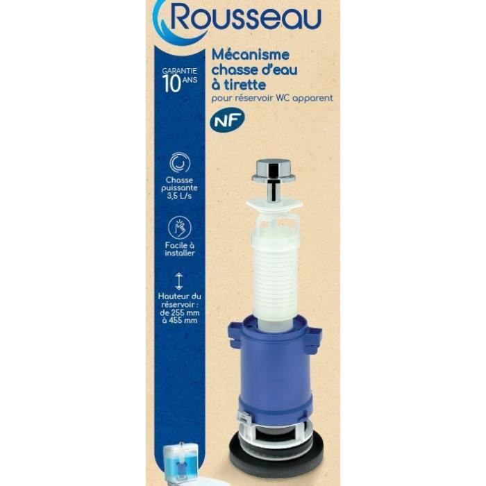 Mécanisme de chasse d'eau a tirette - ROUSSEAU - Certifié NF - Débit puissant 3,5 L/s - Réglable 255-455 mm