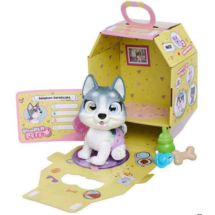 Smoby - Pamper Petz - Husky a adopter - 4 accessoires - Articulé - Bois et fais pipi - Certificat d'adoption - Des 3 ans