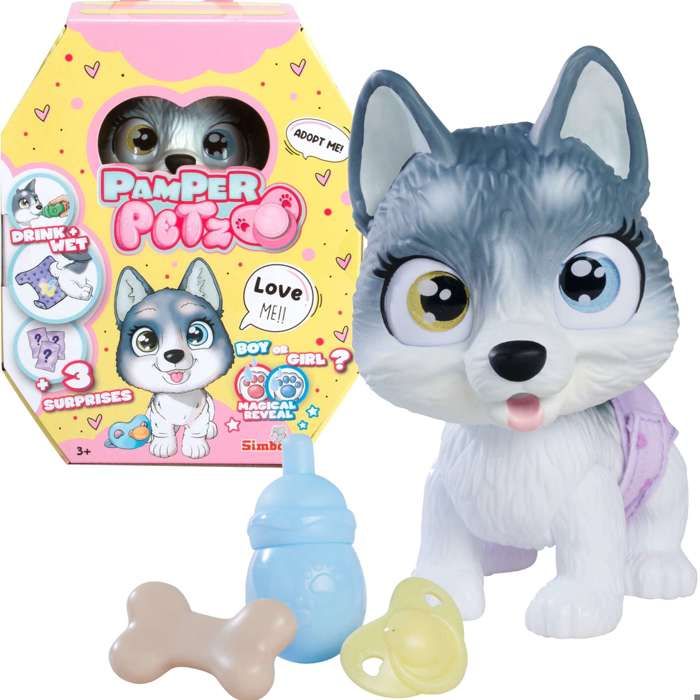 Smoby - Pamper Petz - Husky a adopter - 4 accessoires - Articulé - Bois et fais pipi - Certificat d'adoption - Des 3 ans
