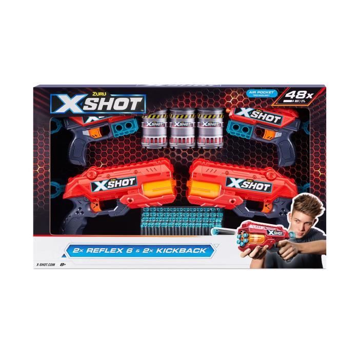 Pack Blasters - ZURU - Combo Pack 2 Kickback + 2 Reflex 6 - Blasters puissants avec tir a 27 metres et canon rotatif