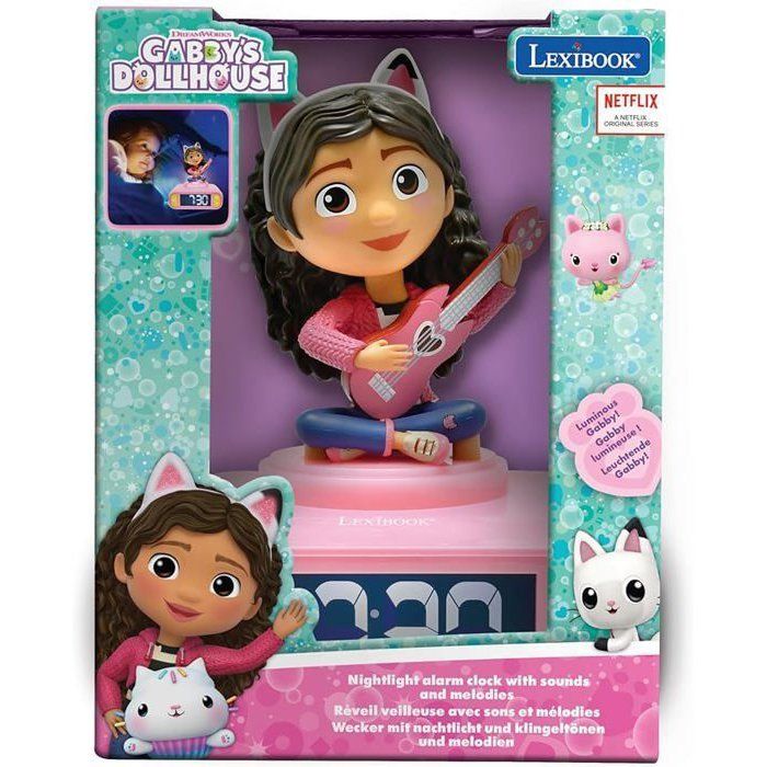 LEXIBOOK - Réveil veilleuse Gabby et la Maison Magique - Sons et mélodies, écran LCD rétro-éclairé et lumineux - Rose