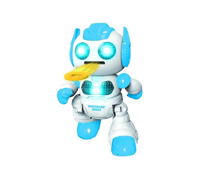 Powerman Shoot Robot Programmable avec Dance, Musique, démo  Télécommande et disques en mousse inclus.