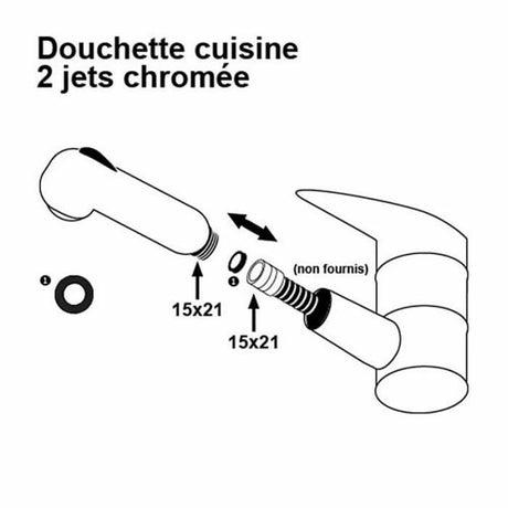 Douchette pour mitigeur d'évier de cuisine - Chromé - 2 jets - Picots anti-calcaire - ROUSSEAU